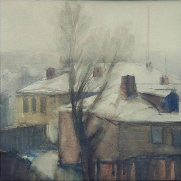 Фотография акварельного рисунка Быкова З.Н. 1949 г. «Вид из окна в сторону ЦДСА»
